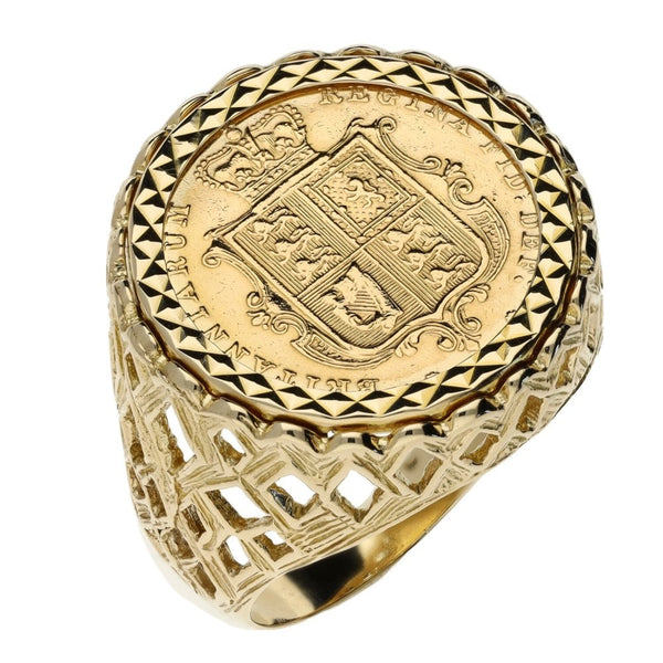 1883 Half Sovereign Shield Coin Mounted Ring - 10.1g