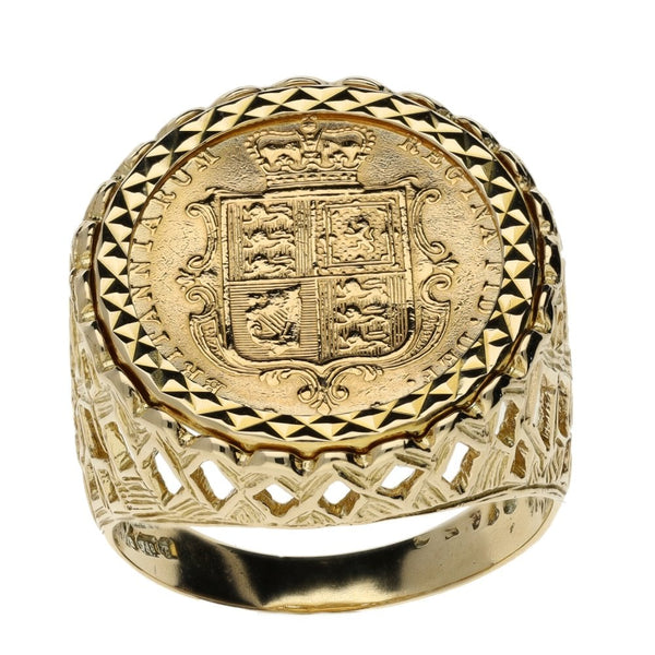 1883 Half Sovereign Shield Coin Mounted Ring - 10.1g