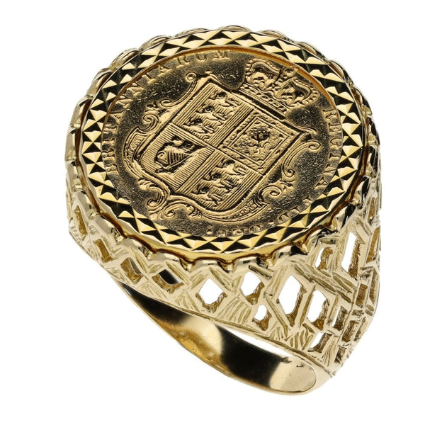1883 Half Sovereign Shield Coin Mounted Ring - 10.1g