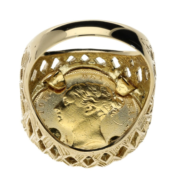1883 Half Sovereign Shield Coin Mounted Ring - 10.1g