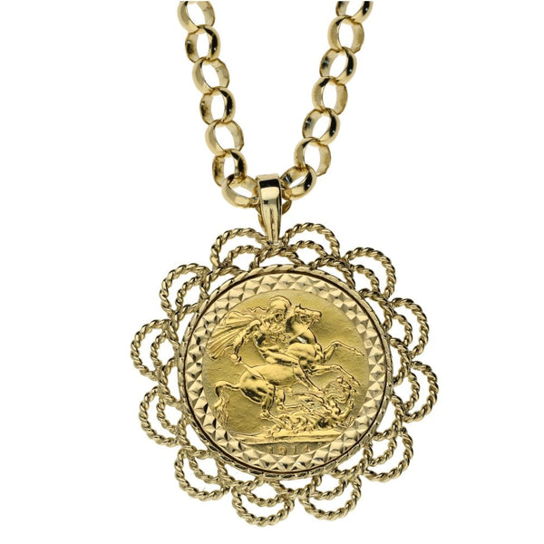 1914 Full Sovereign Coin Mounted Pendant & 22" Chain
