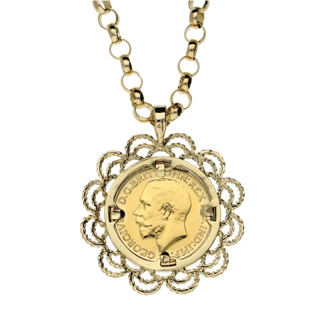 1914 Full Sovereign Coin Mounted Pendant & 22" Chain