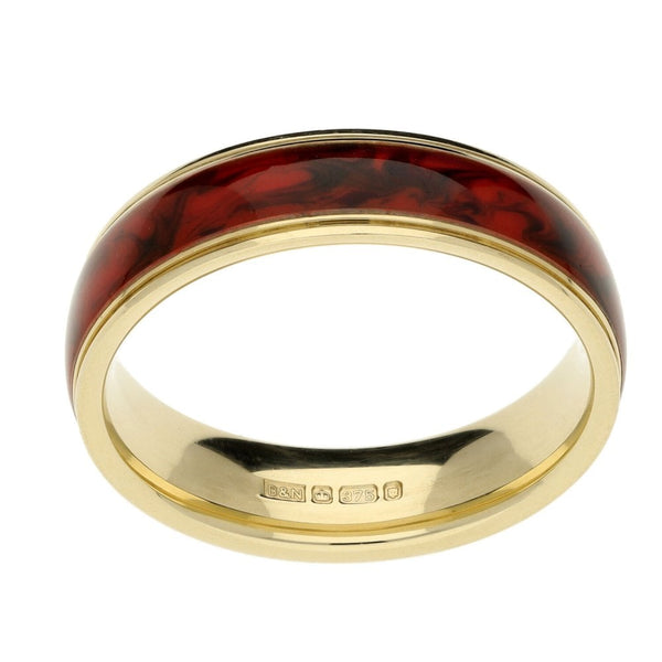 Mens 9ct Yellow Gold Red Coloured Band Ring - Size R½