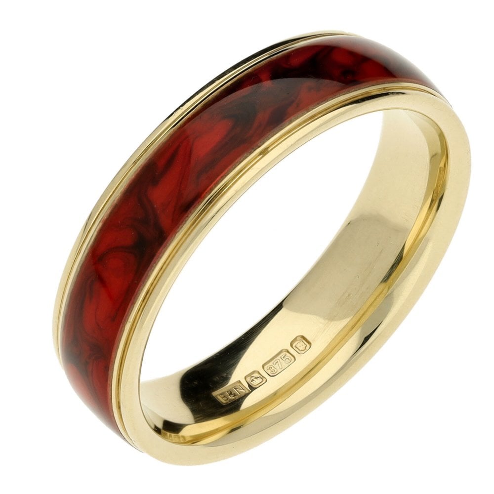 Mens 9ct Yellow Gold Red Coloured Band Ring - Size R½