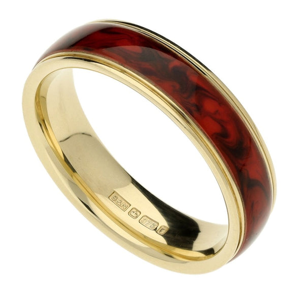Mens 9ct Yellow Gold Red Coloured Band Ring - Size R½