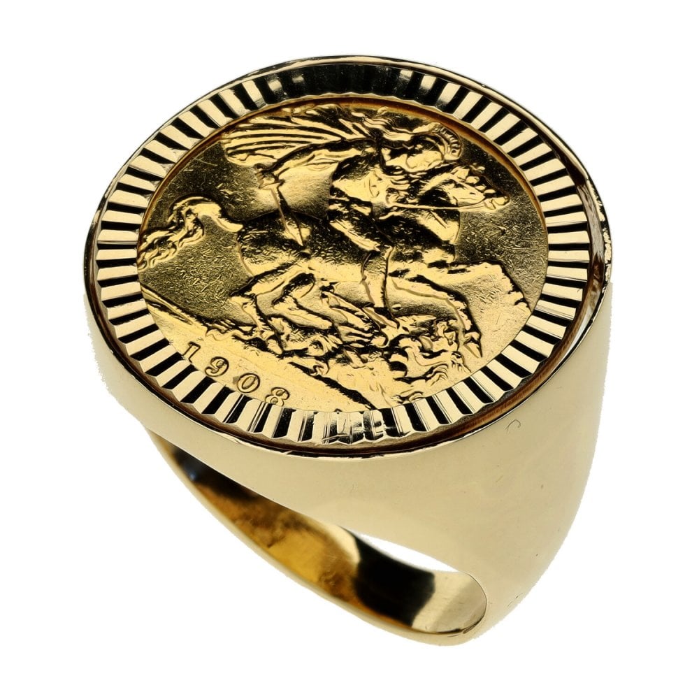 1908 Yellow Gold Half Sovereign Coin Mounted Ring - Size O