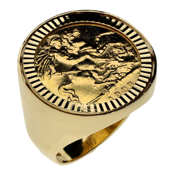1908 Yellow Gold Half Sovereign Coin Mounted Ring - Size O