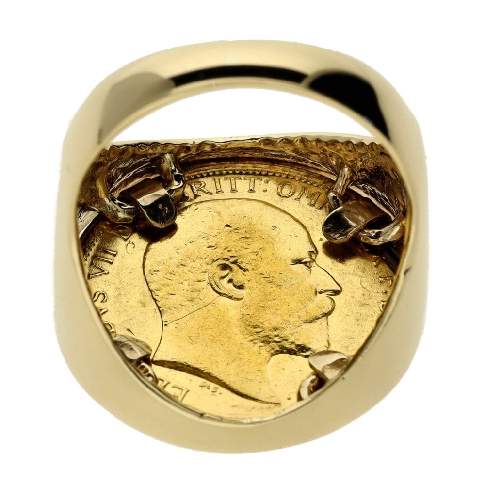 1908 Yellow Gold Half Sovereign Coin Mounted Ring - Size O