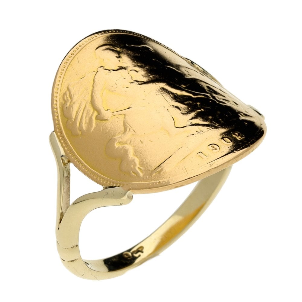 1902 Yellow Gold Half Sovereign Bent Over Ring - Size P½