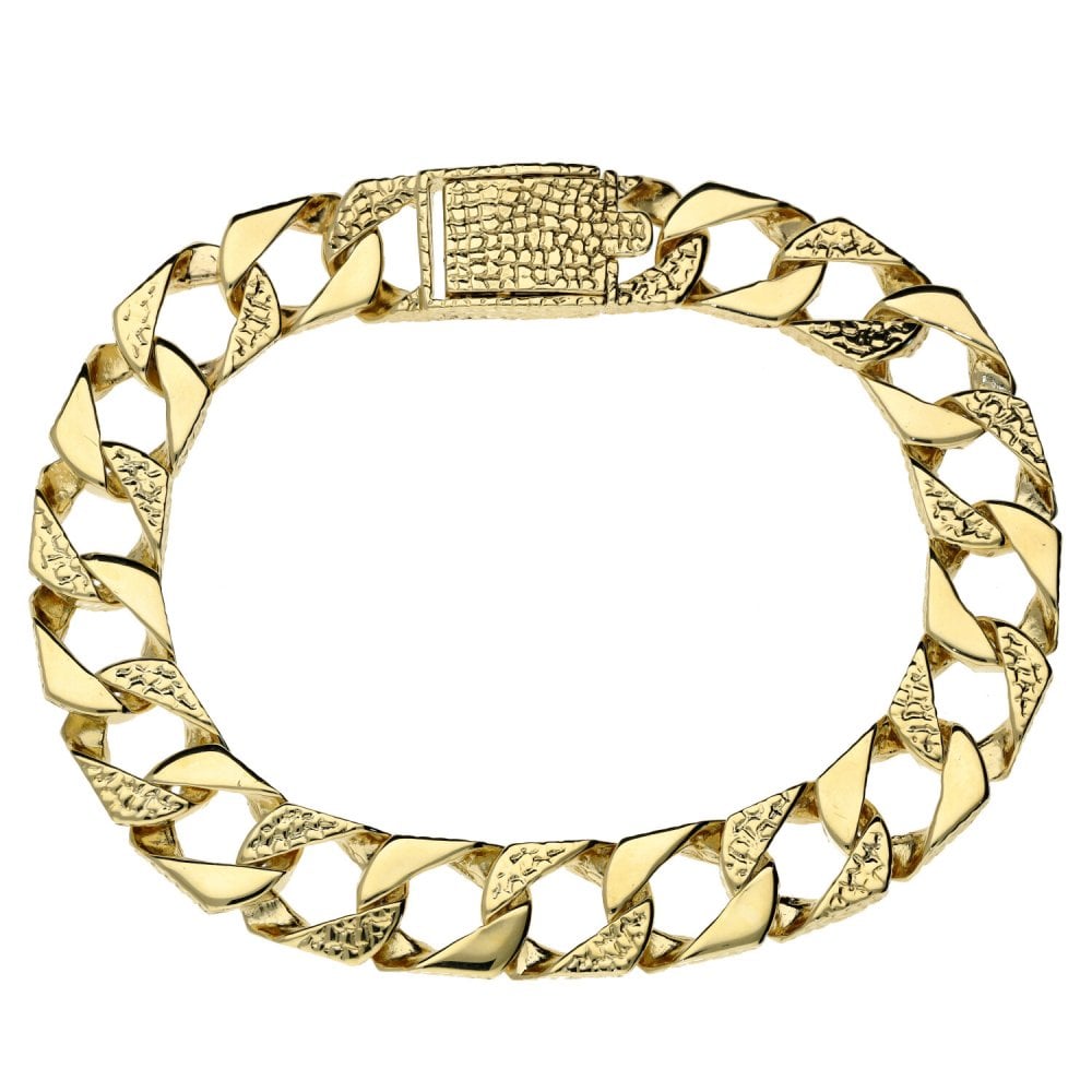Mens 9ct Yellow Gold Patterned Link Curb Bracelet - 9.5"