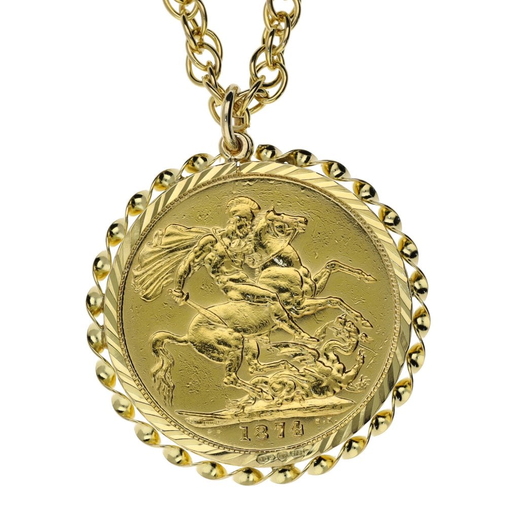 1874 Yellow Gold Full Sovereign Coin Pendant & 24" Chain