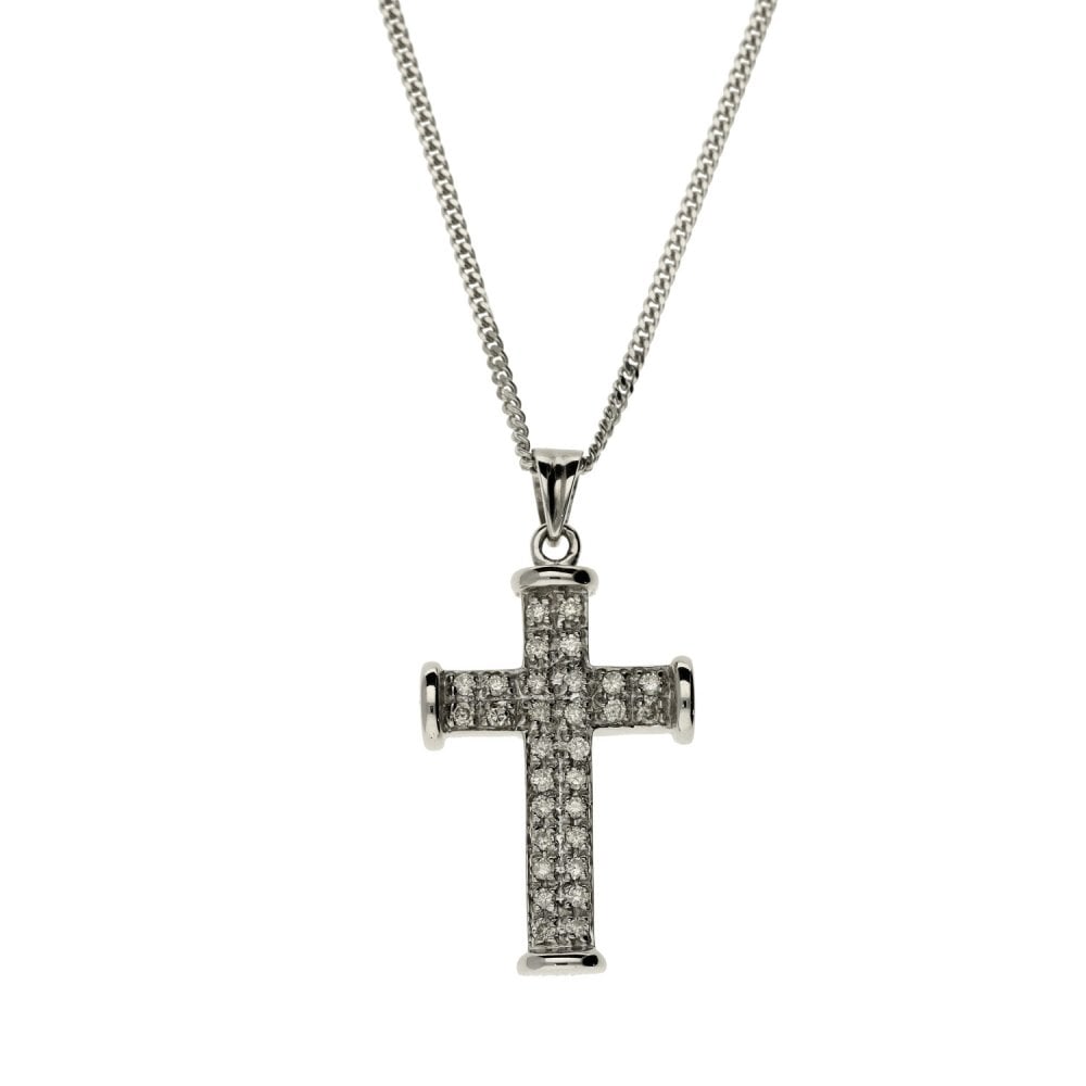 Ladies 9ct White Gold Diamond Cross Pendant & 16" Chain - 0.50ct