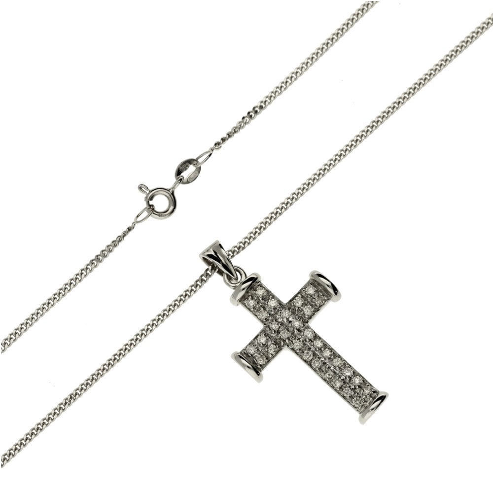 Ladies 9ct White Gold Diamond Cross Pendant & 16" Chain - 0.50ct