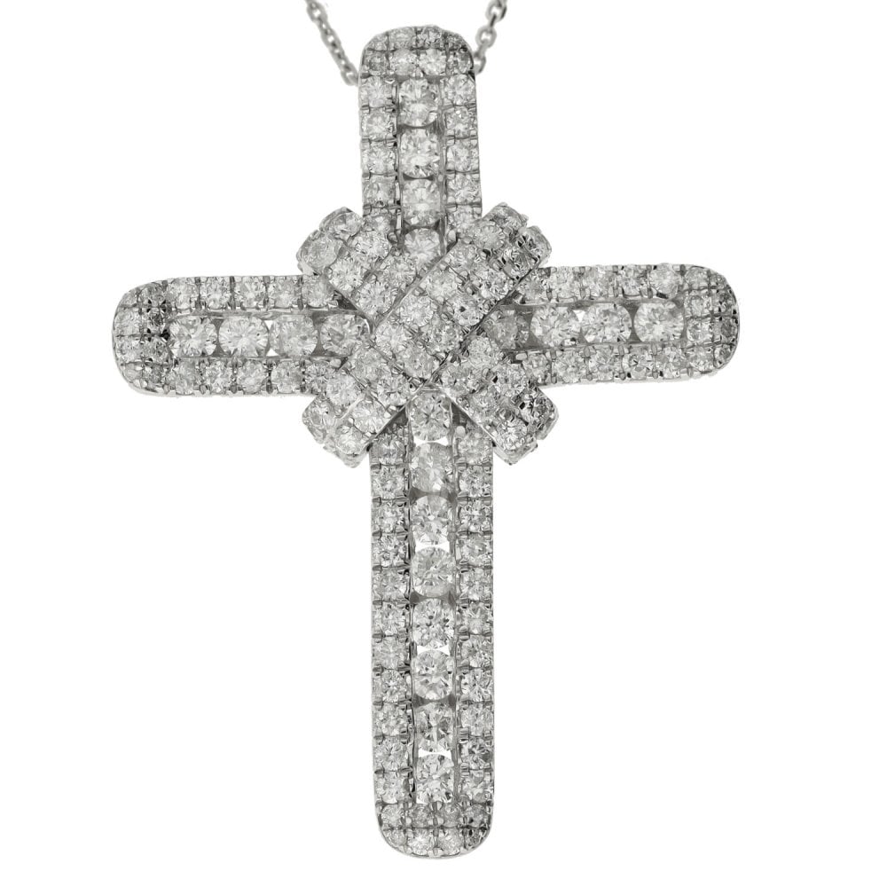9ct White Gold Diamond Cross Pendant & Necklace - 16" - 2.08ct