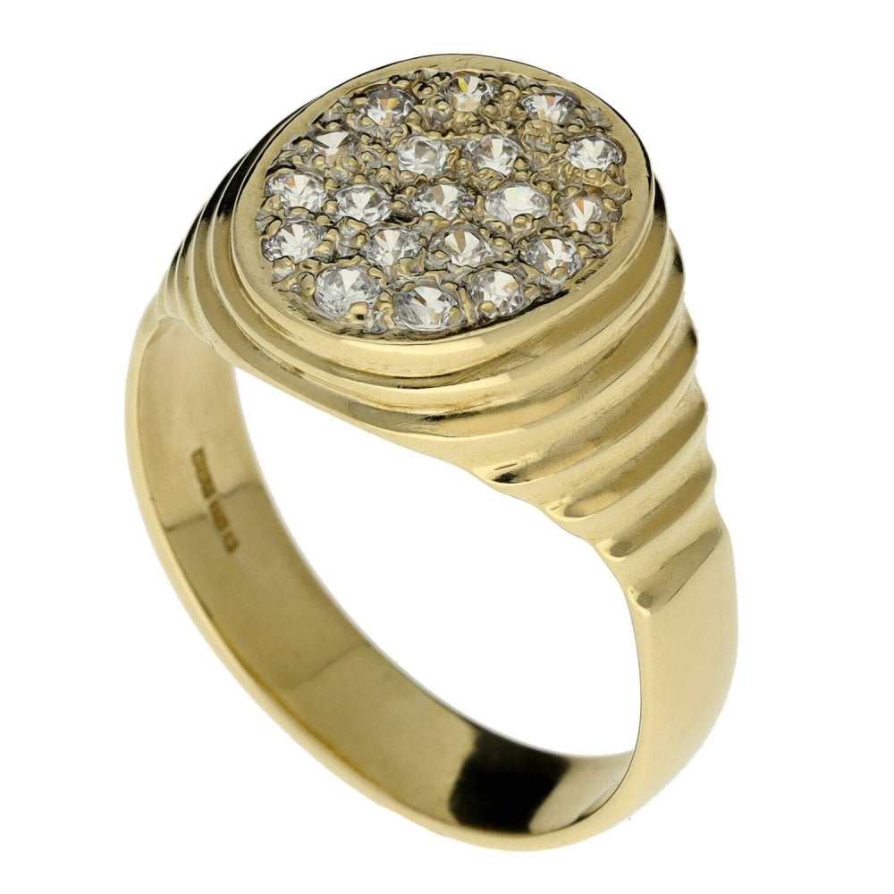 Mens 9ct Yellow Gold Cubic Zirconia Signet Ring - 5.3g