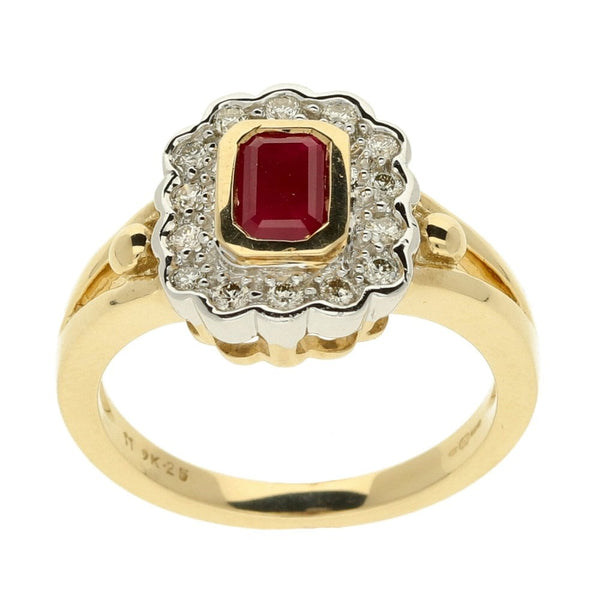 9ct Yellow Gold Ruby & Diamond Cluster Ring - 0.25ct