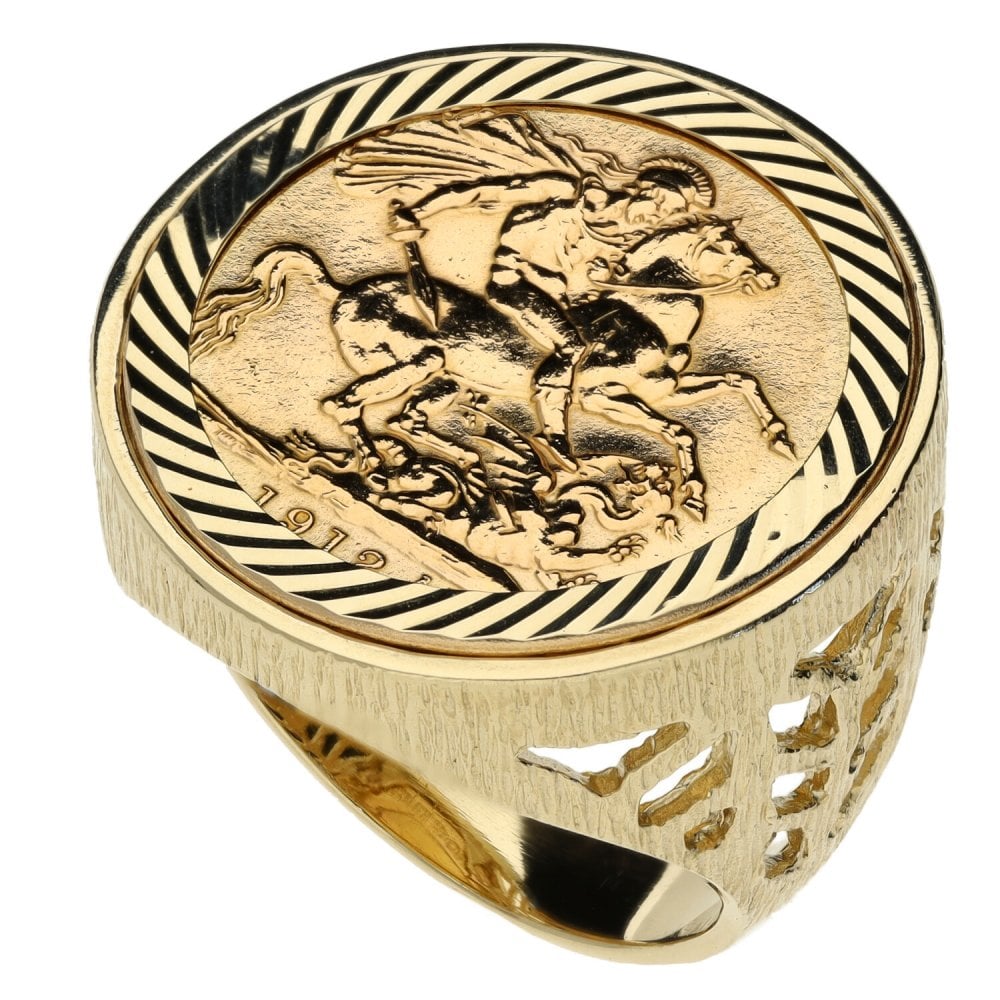 1912 Yellow Gold Full Sovereign Coin Mounted Ring - 15.5g