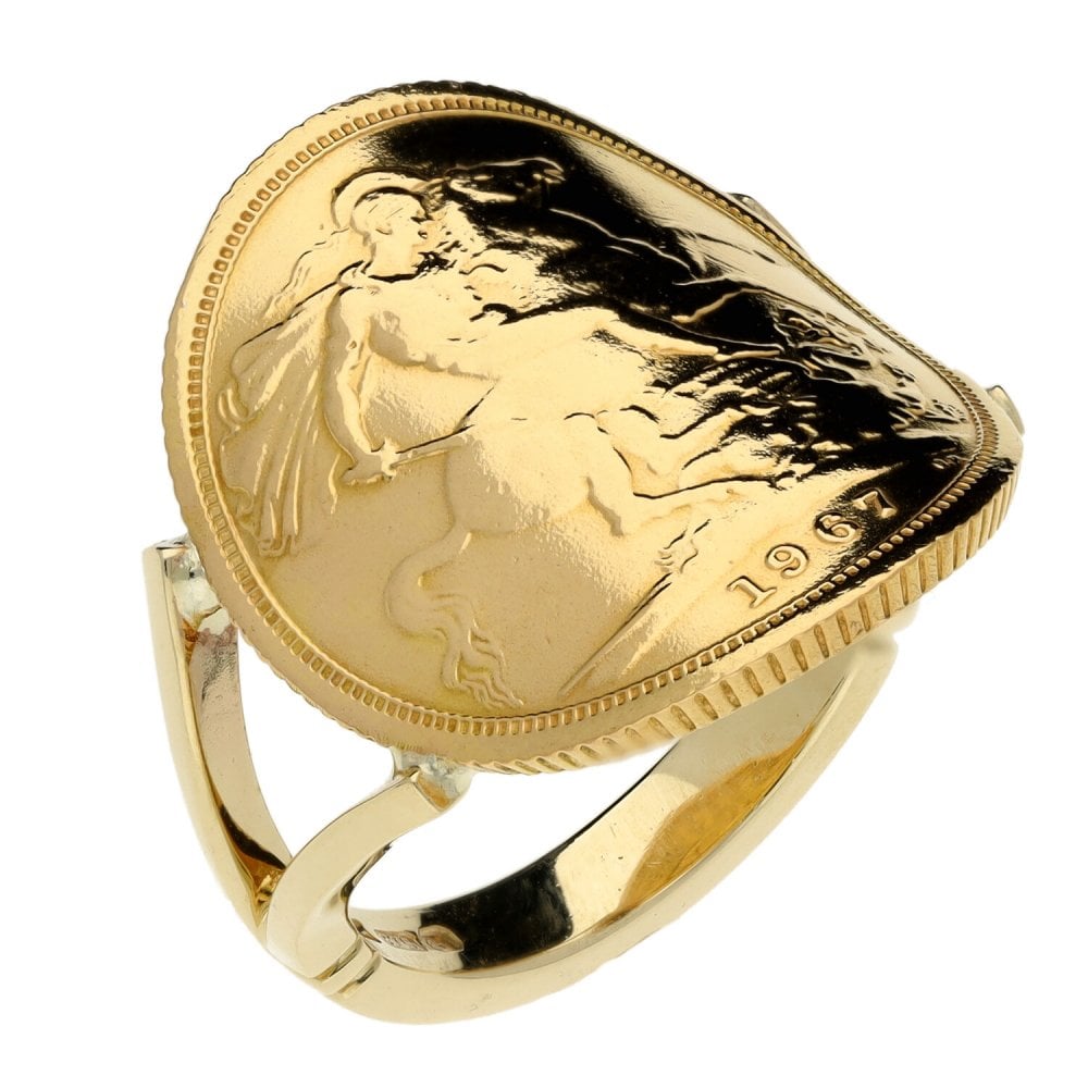 1967 Yellow Gold Full Bent Over Sovereign Coin Ring - 10.8g