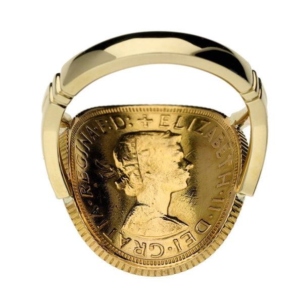 1967 Yellow Gold Full Bent Over Sovereign Coin Ring - 10.8g