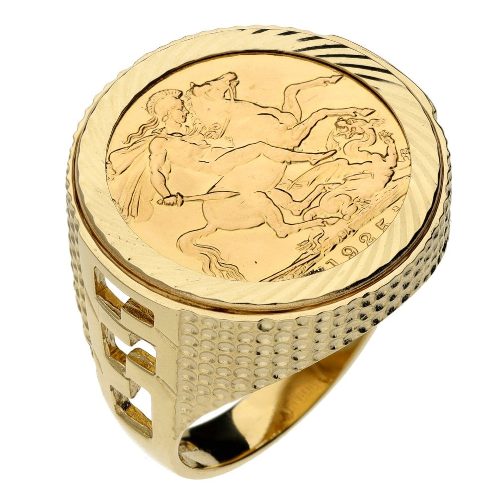 1925 Yellow Gold Full Sovereign Coin Mounted Ring - Size W