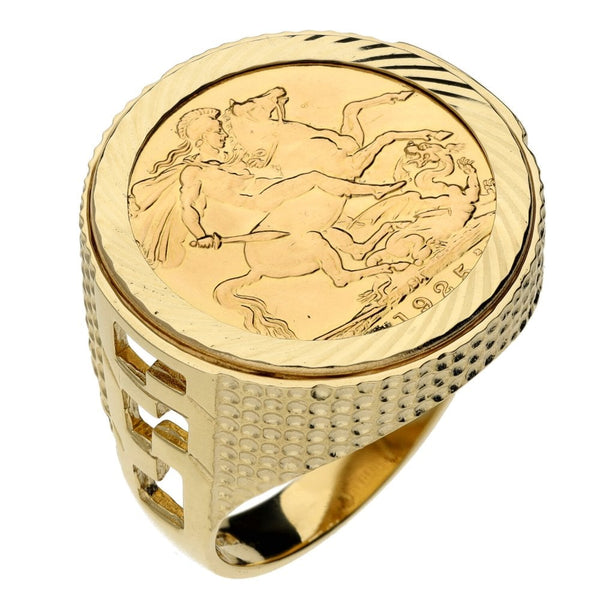 1925 Yellow Gold Full Sovereign Coin Mounted Ring - Size W
