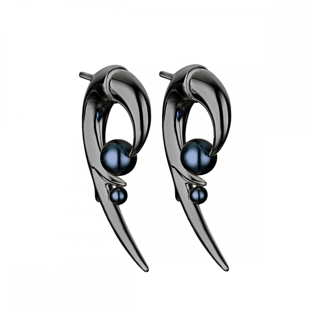 Silver Black Rhodium and Black Pearl Hooked Earrings