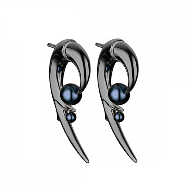 Silver Black Rhodium and Black Pearl Hooked Earrings
