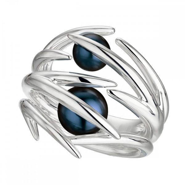 Silver Double Hooked Black Pearl Ring