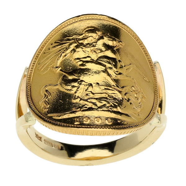 1900 Yellow Gold Full Sovereign Coin Bent Over Ring - 10.7g