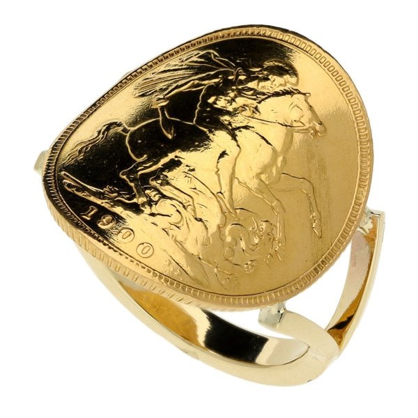 1900 Yellow Gold Full Sovereign Coin Bent Over Ring - 10.7g