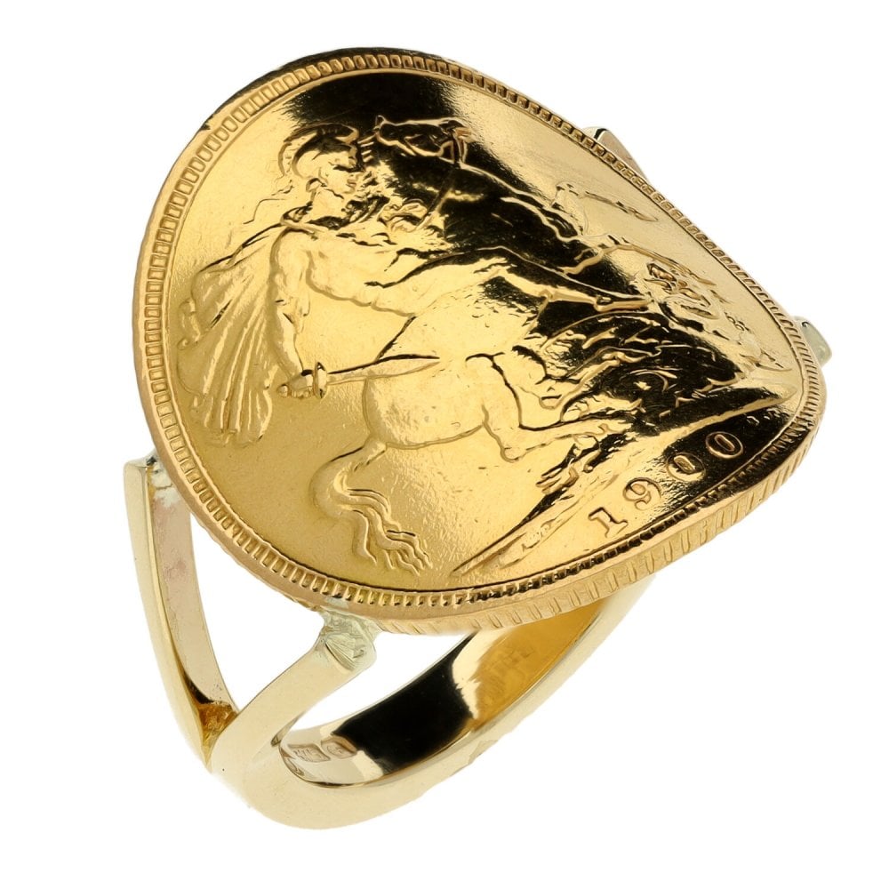 1900 Yellow Gold Full Sovereign Coin Bent Over Ring - 10.7g