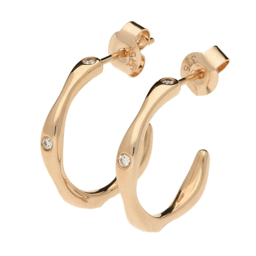 Ladies 9ct Rose Gold Diamond Set Bones Hoop Earrings