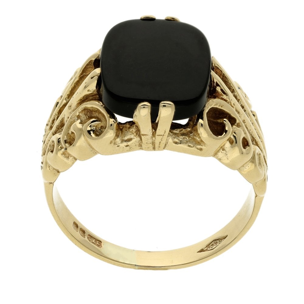 9ct Yellow Gold Fancy Black Onyx Signet Ring - Size O