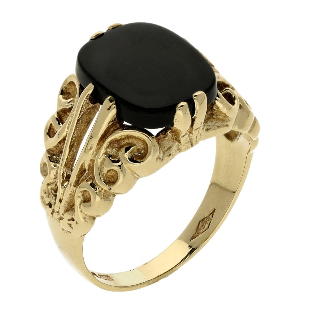 9ct Yellow Gold Fancy Black Onyx Signet Ring - Size O