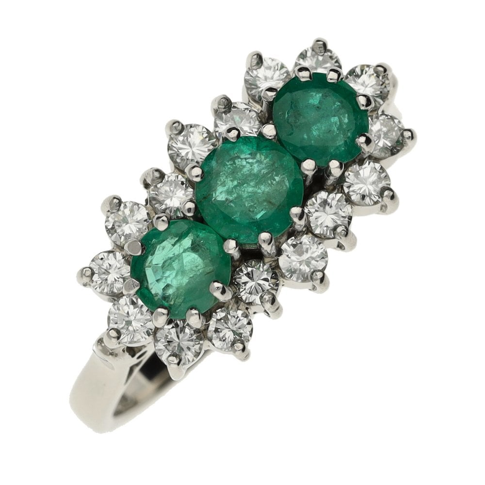 Ladies 18ct White Gold Diamond & Emerald Cluster Ring - 0.64ct