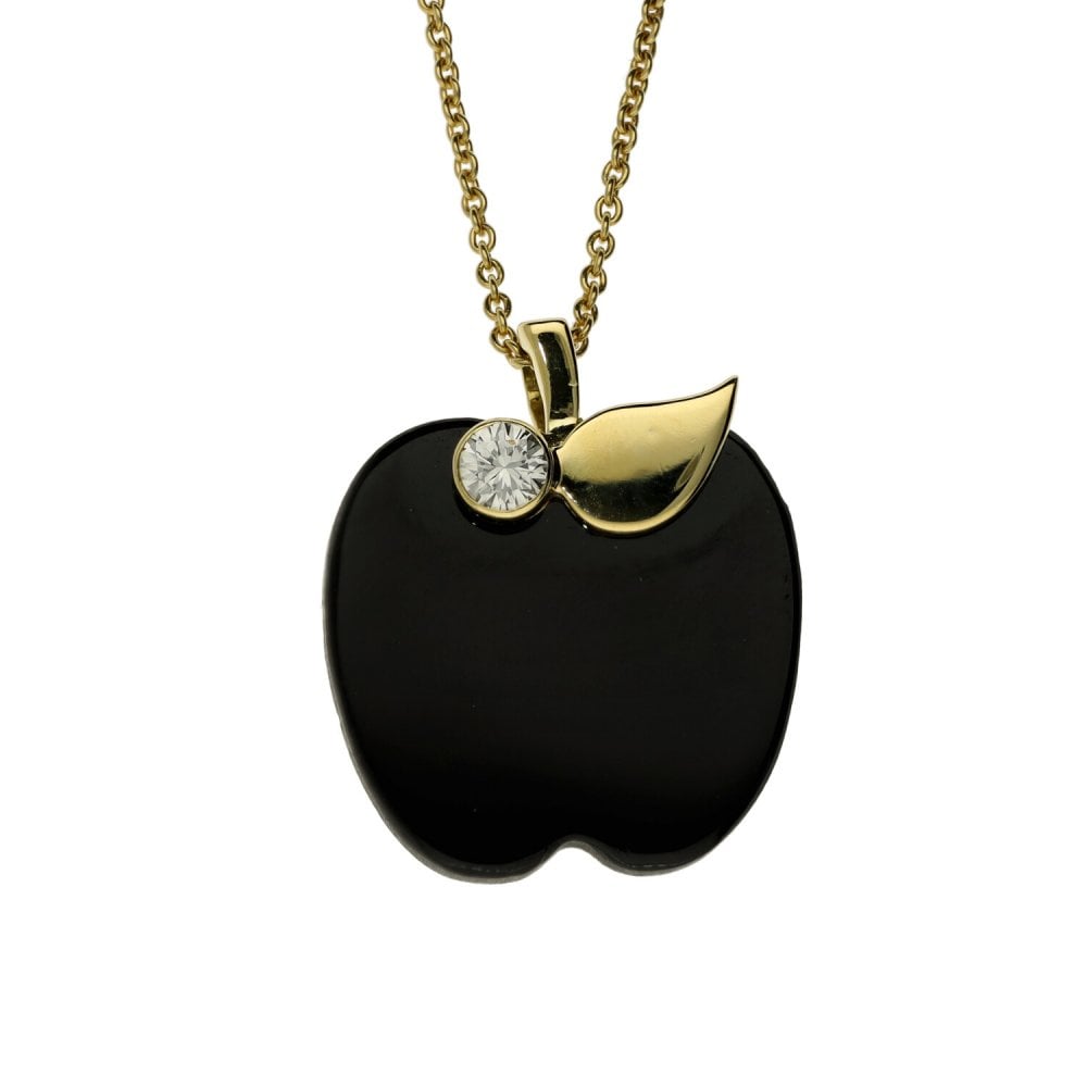18ct Yellow Gold Onyx & Diamond Apple-Shaped Pendant & Necklace