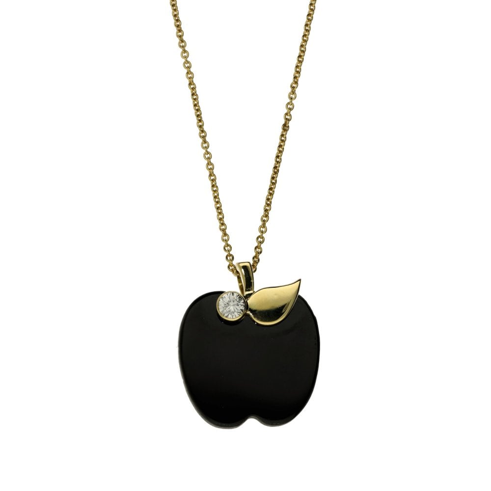 18ct Yellow Gold Onyx & Diamond Apple-Shaped Pendant & Necklace