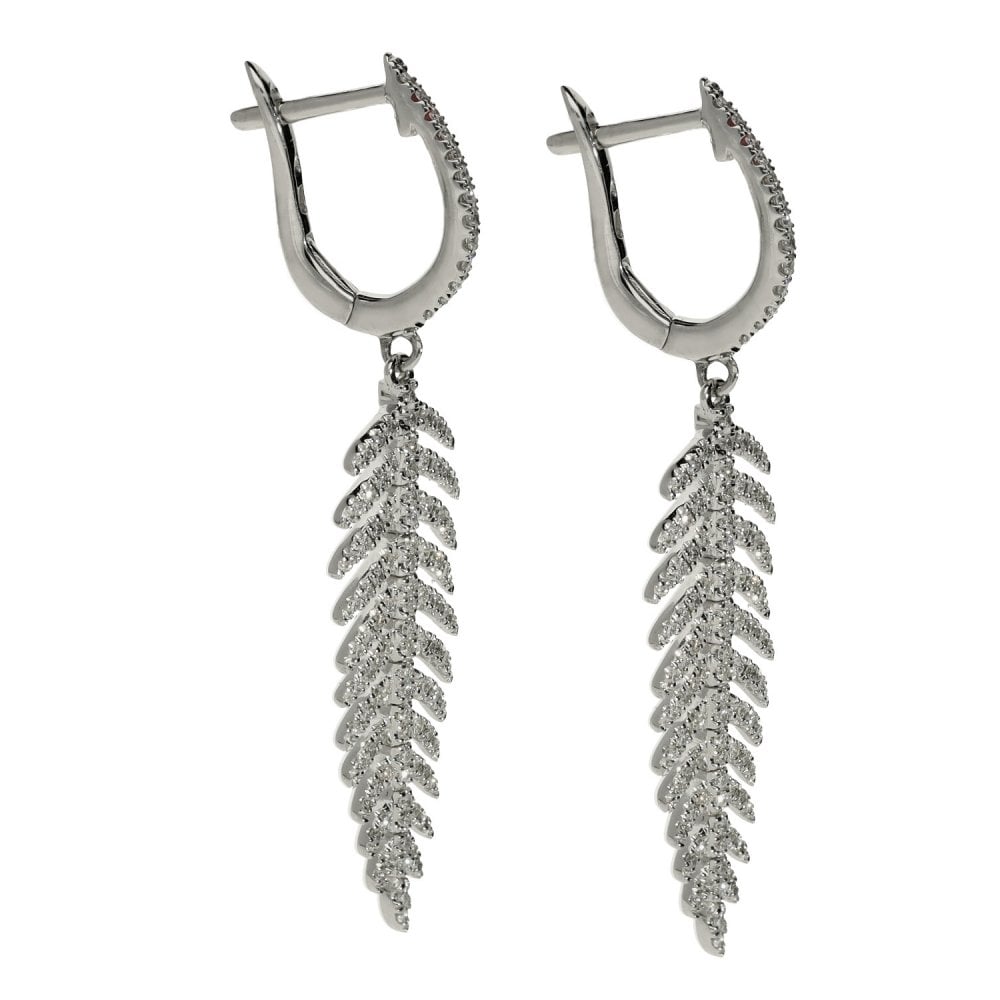 Ladies 18ct White Gold Diamond Feather Drop Earrings - 0.60ct