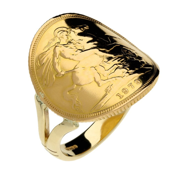 1979 Yellow Gold Full Sovereign Coin Bent Over Ring - 10.6g