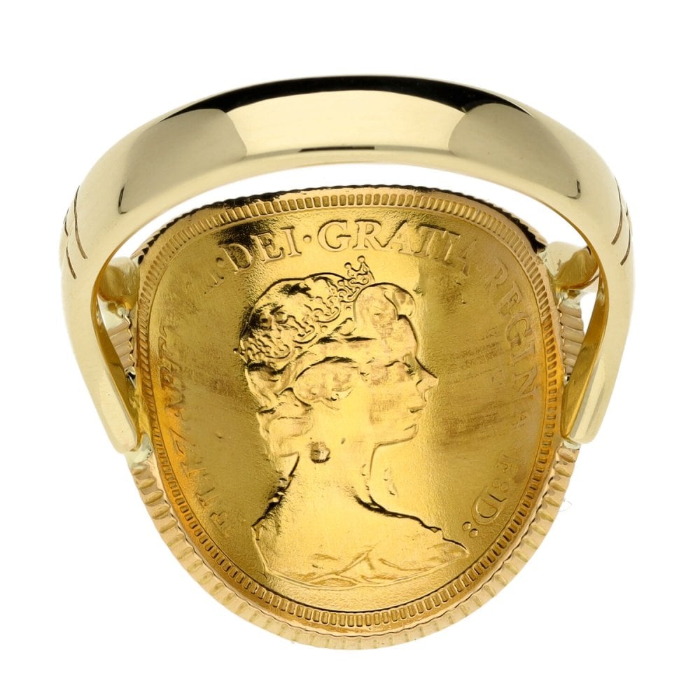 1979 Yellow Gold Full Sovereign Coin Bent Over Ring - 10.6g