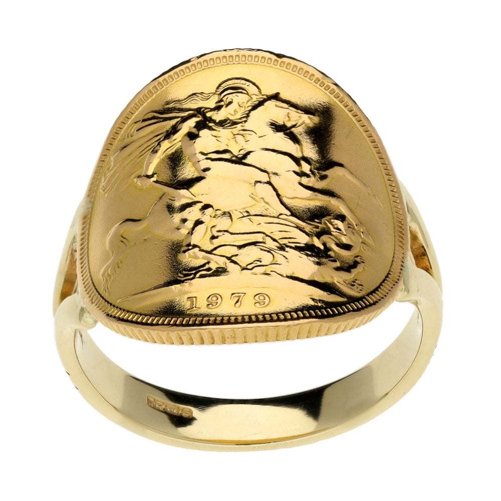 1979 Yellow Gold Full Sovereign Coin Bent Over Ring - 10.6g