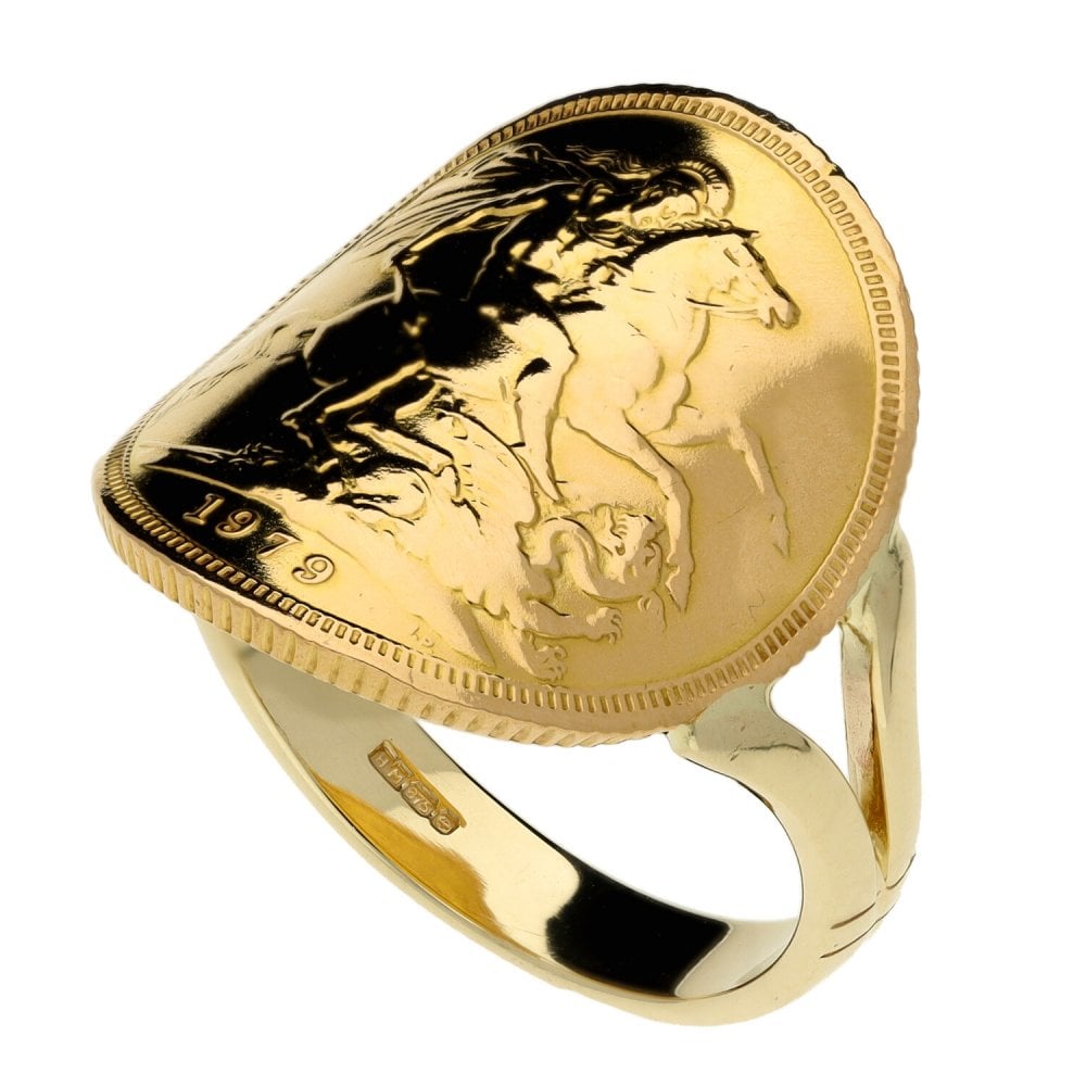 1979 Yellow Gold Full Sovereign Coin Bent Over Ring - 10.6g