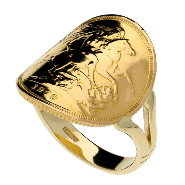 1979 Yellow Gold Full Sovereign Coin Bent Over Ring - 10.6g