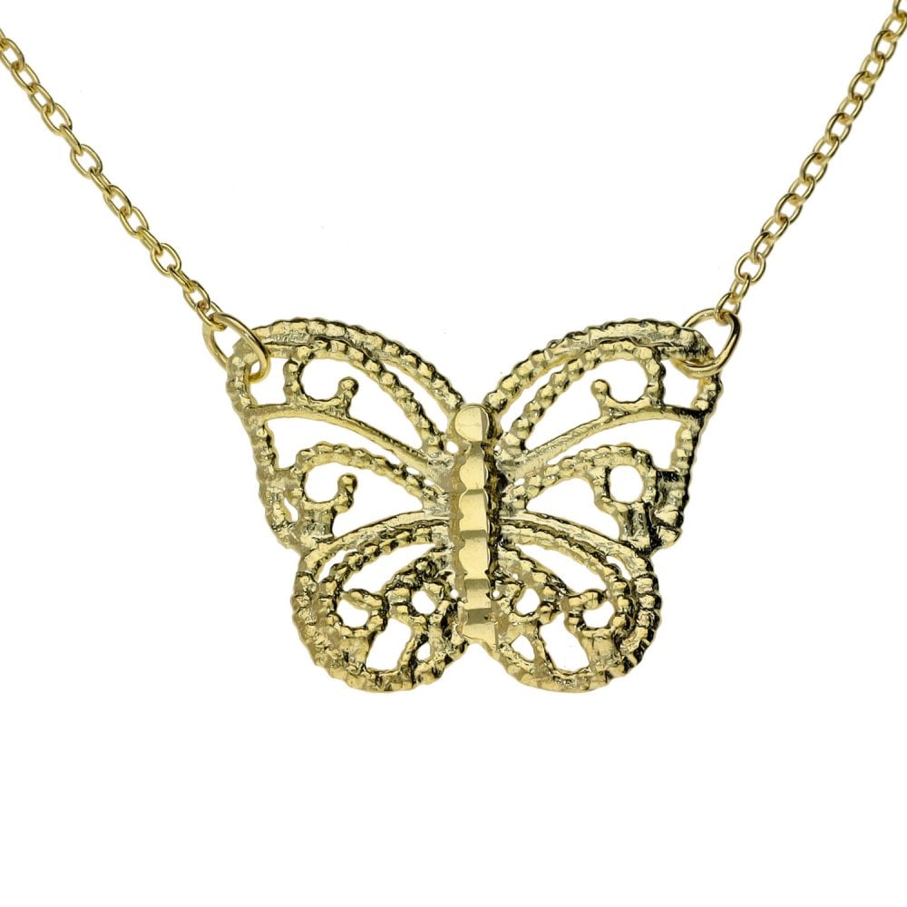 9ct Yellow Gold Filigree Butterfly Pendant & Necklace -18" -1.7g