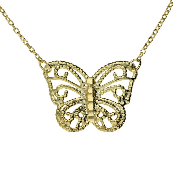 9ct Yellow Gold Filigree Butterfly Pendant & Necklace -18" -1.7g