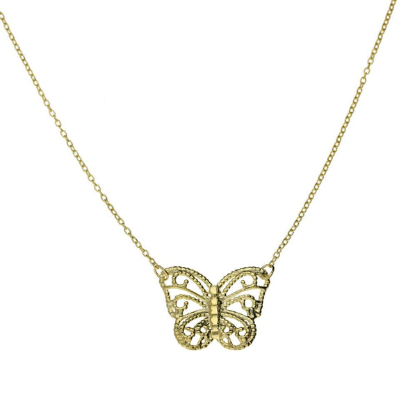 9ct Yellow Gold Filigree Butterfly Pendant & Necklace -18" -1.7g