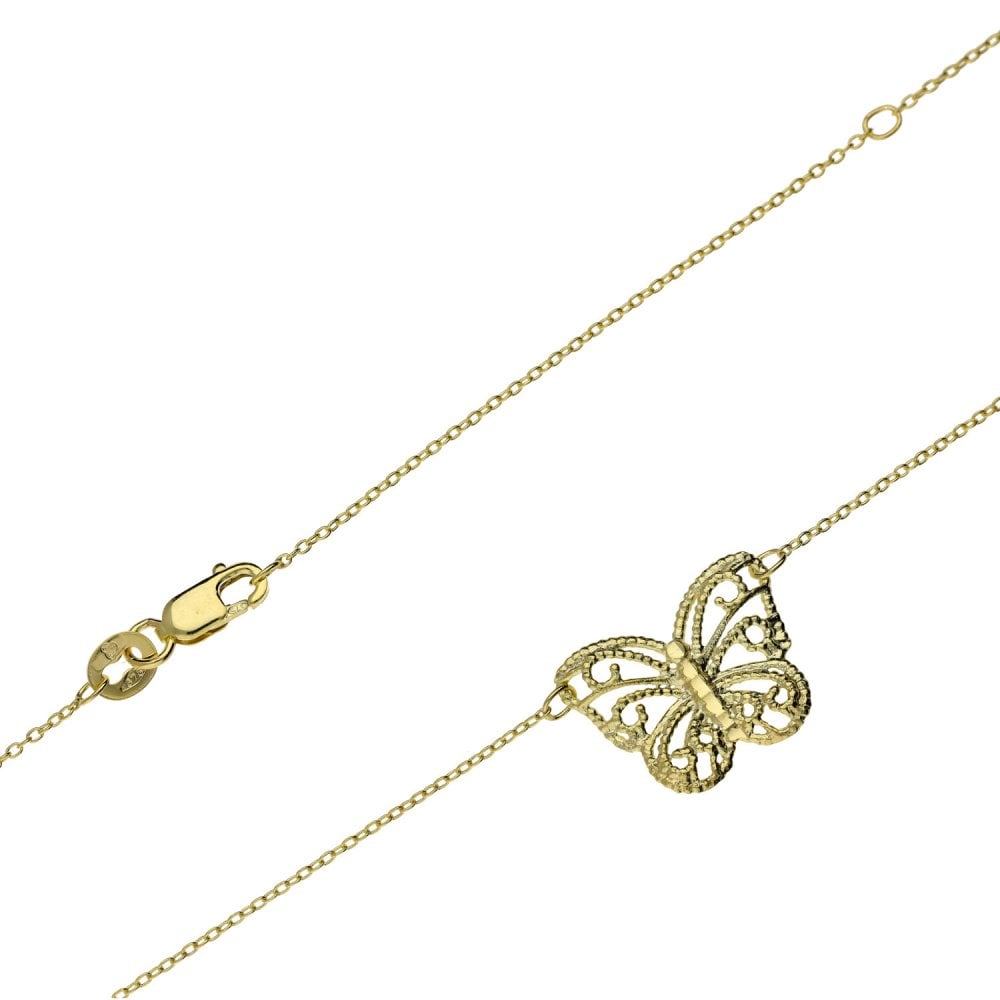 9ct Yellow Gold Filigree Butterfly Pendant & Necklace -18" -1.7g