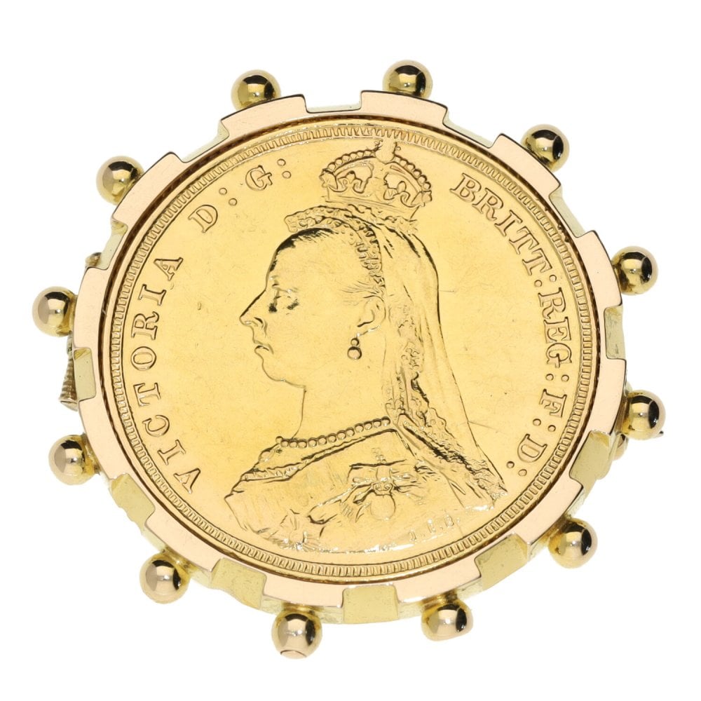 Yellow Gold 1887 Full Sovereign Coin Brooch - 11.3g