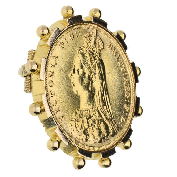 Yellow Gold 1887 Full Sovereign Coin Brooch - 11.3g