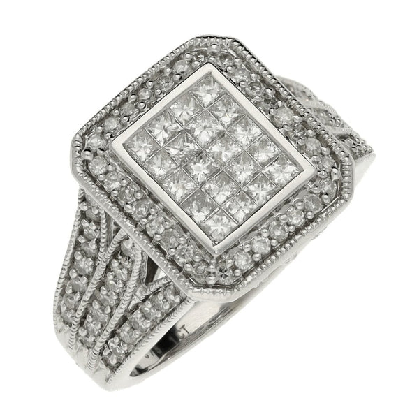 Ladies 9ct White Gold Diamond Cluster Ring - 1.00ct